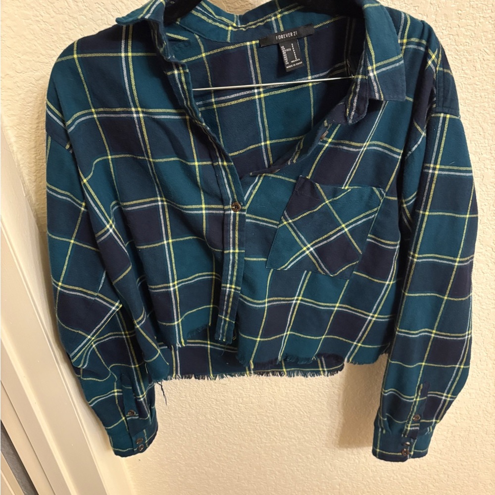 Teal and Navy Plaid Cropped Shirt